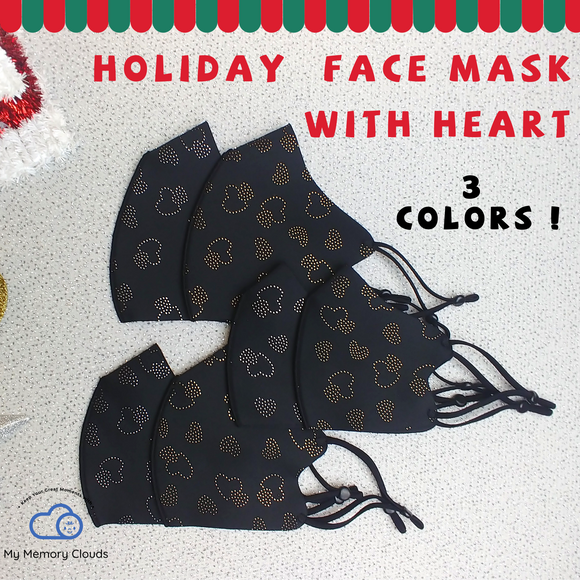 Holiday face mask Christmas face mask Heart Face Mask Fancy Bling Party Mask Adjustable Washable Neoprene Reusable Gold Silver  Family mask